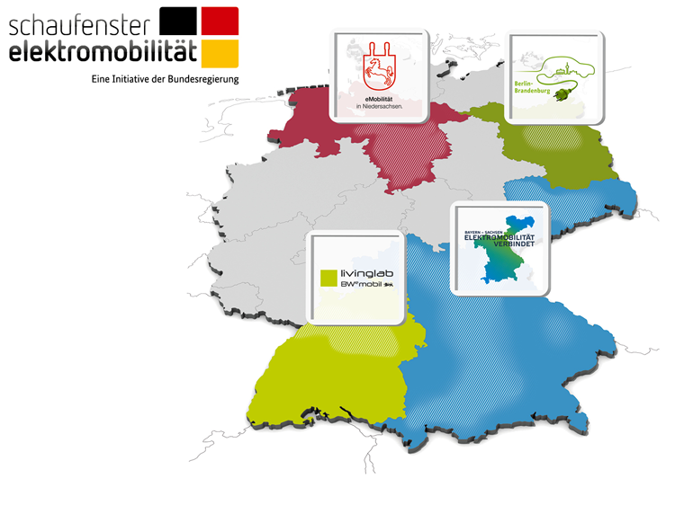 Deutschland-Karte der vier Schaufenster Elektromobilität