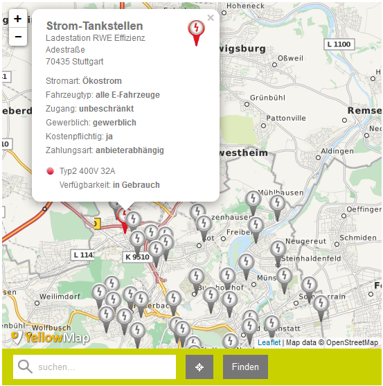 Screenshot der Ladestationen-Suche